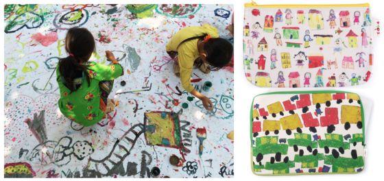 サポート先・Toheのアートによる子ども支援の様子 (写真・左) と、子どもの絵をもとにした雑貨 (写真・右)