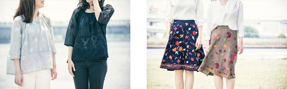 写真左：itobanashiのシャツ。　写真右：itobanashiのスカート。