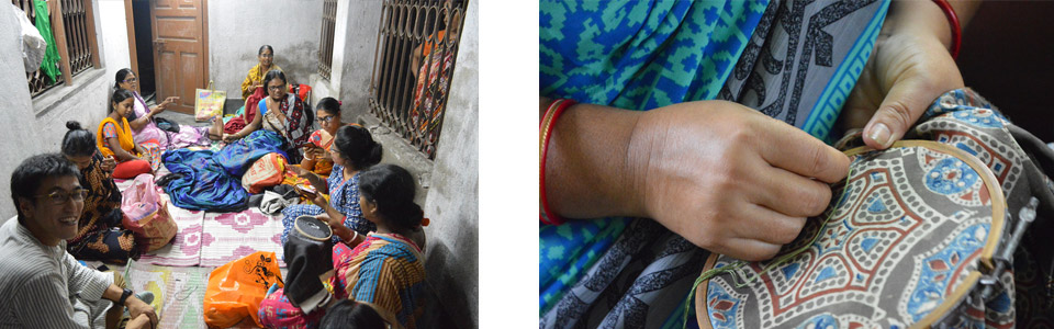 写真左：手仕事をするインドの女性たち。　写真右：刺繍の様子。