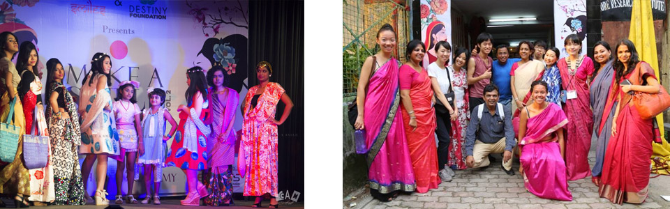 写真左：ファッションショーの様子。　写真右：開催メンバーとの集合写真。