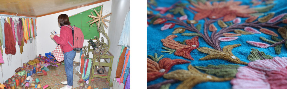 写真左：インド各地を巡る。　写真右：色とりどりの刺繡に魅了された。